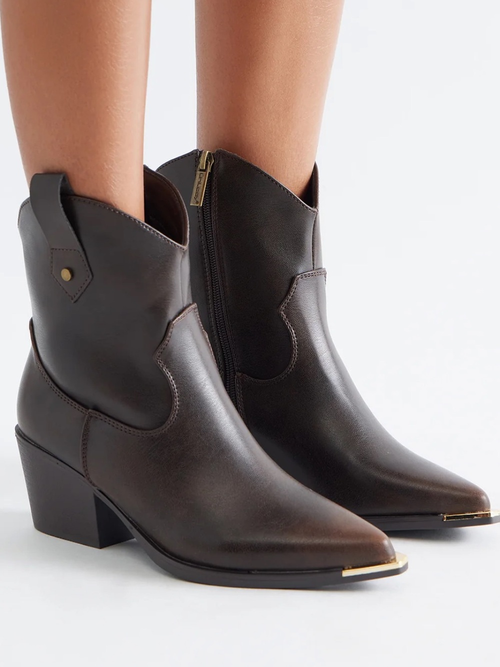 Fashion Nova Dark Brown Western Ankle Boots with Gold Toe Cap